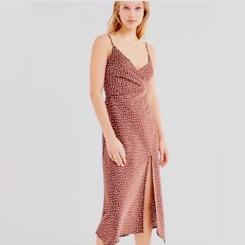 Urban Outfitters Brown Satin Polka Dot Midi Slip Dress, XS